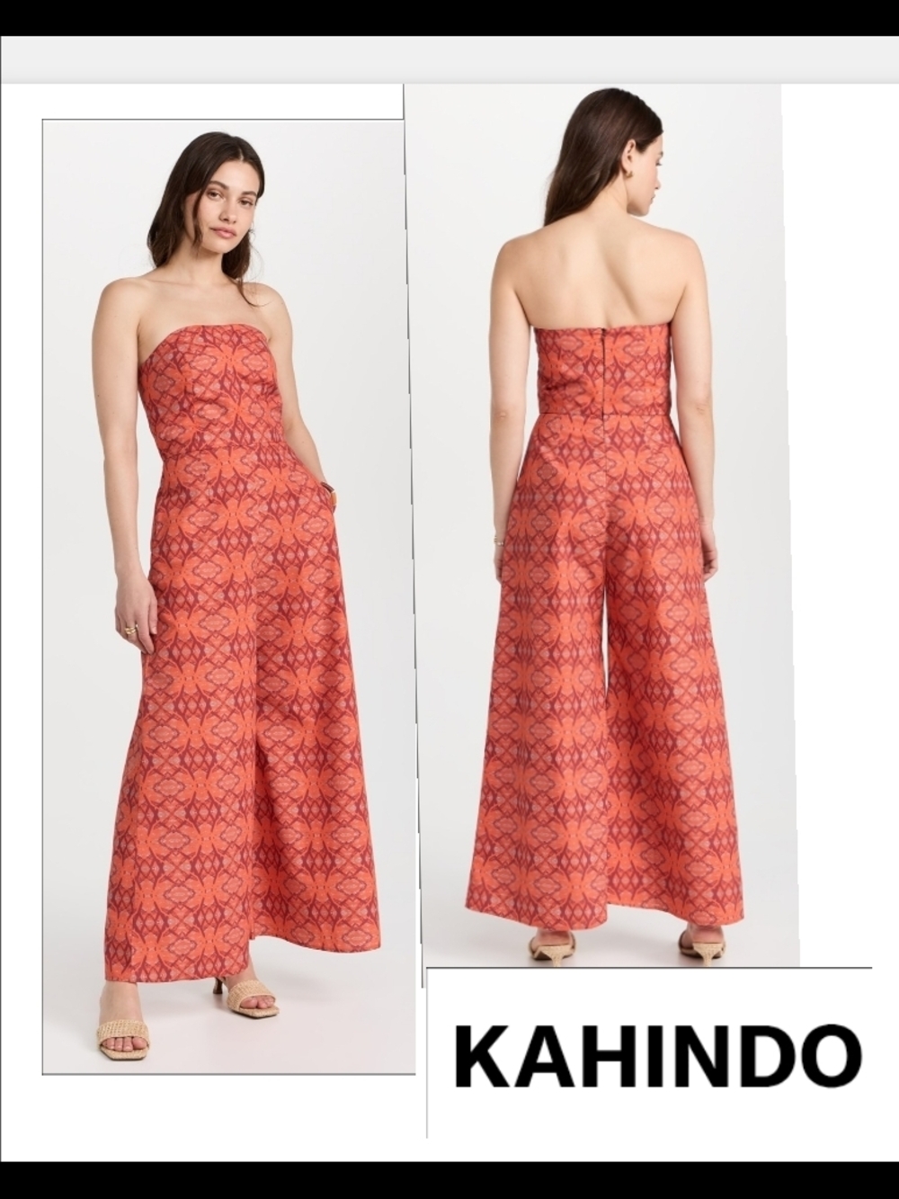 HAKINDO Hind Coral Strapless Wide-Leg Jumpsuit with Geometric Print